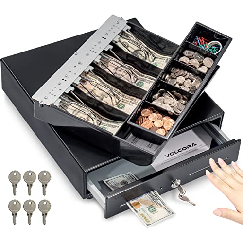 Volcora Anual Push Open Cash Register Drawer For Point Of Sale (Pos) System, Black Heavy Duty Till With Bills And Coin Slots, Key Lock With Fully Removable Money Tray And Double Media Slots