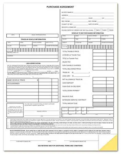 Vehicle Purchase Agreement Forms (Part) (Per Pack)